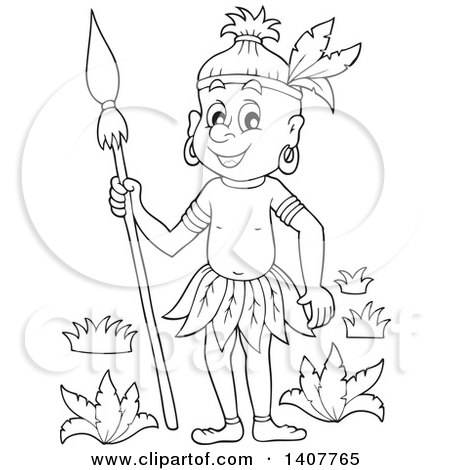 Clipart of a Black and White Lineart Happy Aborigine Man Holding a Spear - Royalty Free Vector Illustration by visekart