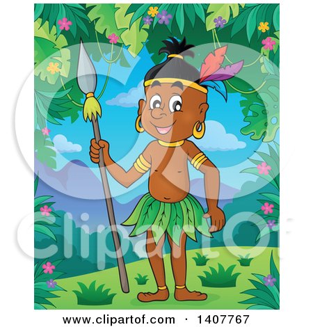 Clipart of a Happy Aborigine Man Holding a Spear in a Jungle - Royalty Free Vector Illustration by visekart