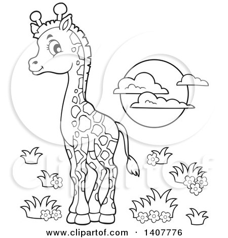 Clipart of a Black and White Lineart Cute Baby Giraffe and Sun - Royalty Free Vector Illustration by visekart