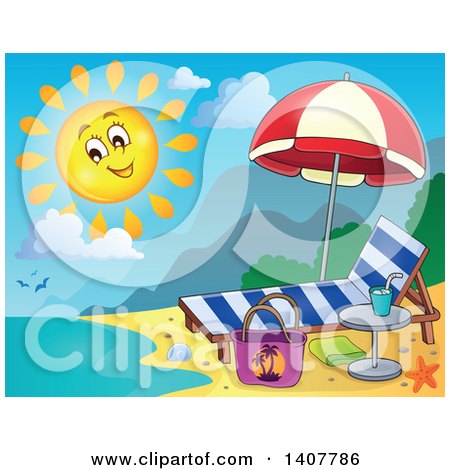 Clipart of a Happy Sun Shining over a Beach Chaise Lounge, Umbrella and Coast - Royalty Free Vector Illustration by visekart