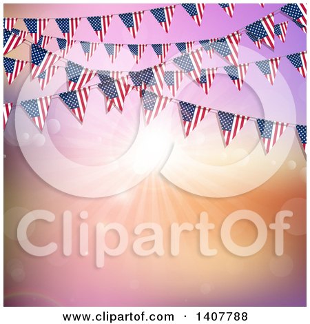 Clipart of a Background of American Flag Bunting Banners over a Pink and Orange Sunset - Royalty Free Vector Illustration by KJ Pargeter
