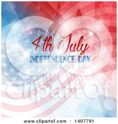 Clipart of a 4th July Independence Day Design with Text over Flares and Flags - Royalty Free Vector Illustration by KJ Pargeter