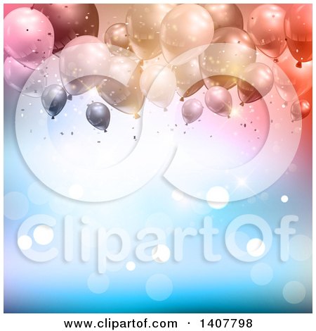 Clipart of a Background of Confetti and Party Balloons over Blue with Flares - Royalty Free Vector Illustration by KJ Pargeter
