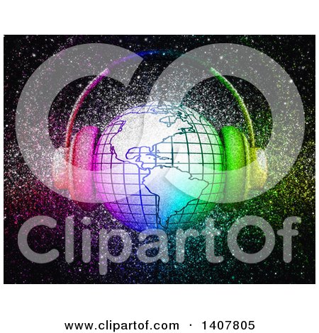 Clipart of a 3d Grid Globe with Headphones over Colorful Glitter on Black - Royalty Free Illustration by KJ Pargeter