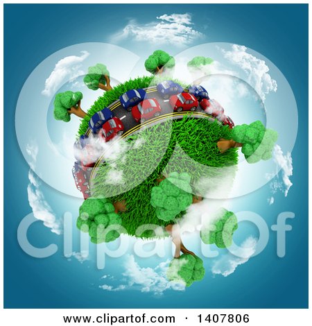 Clipart of 3d Blue and Red Cars on a Roadway Around a Grassy Planet with Trees, on White - Royalty Free Illustration by KJ Pargeter