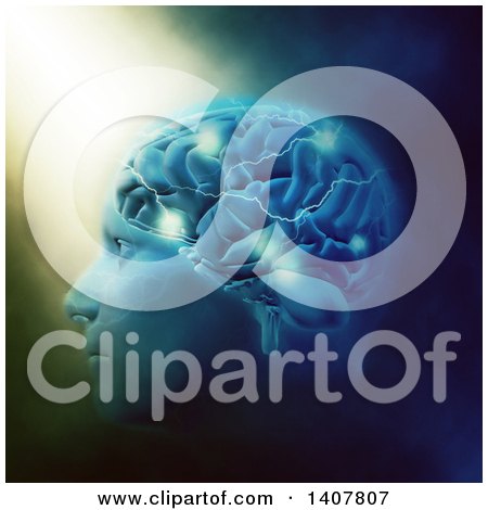 Clipart of a 3d Profiled Male Human Head with a Light Shining down and Visible Brain - Royalty Free Illustration by KJ Pargeter