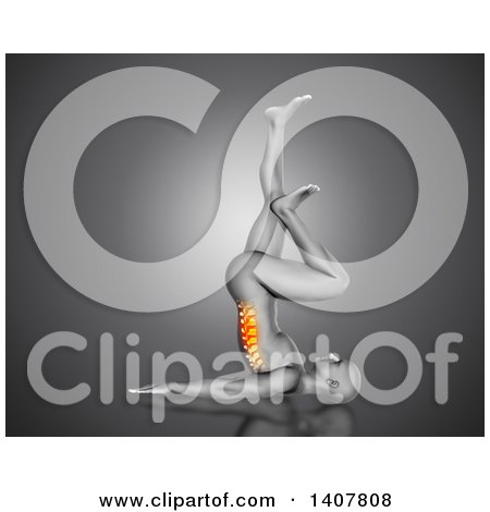 Clipart of a 3d Anatomical Man Doing the Air Bike Exercise, with Visible Spine, on Gray - Royalty Free Illustration by KJ Pargeter