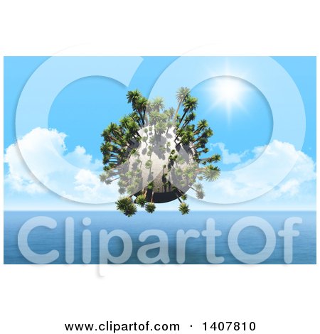 Clipart of a 3d Palm Tree Planet Hovering over the Ocean - Royalty Free Illustration by KJ Pargeter