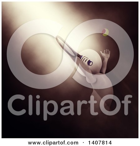 Clipart of a 3d White Man Playing Tennis in Dramatic Lighting - Royalty Free Illustration by KJ Pargeter