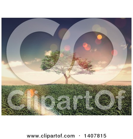 Clipart of a 3d Mature Tree in a Grassy and Sunny Landscape with Flares - Royalty Free Illustration by KJ Pargeter