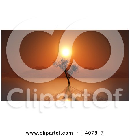 Clipart of a 3d Lone Silhouetted Dead Tree in a Still Bay at Sunset - Royalty Free Illustration by KJ Pargeter