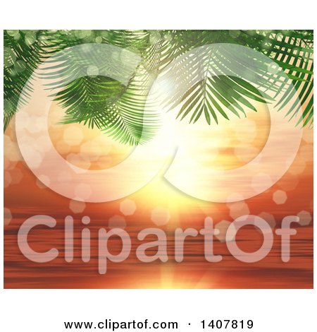 Clipart of 3d Palm Trees Framing an Orange Ocean Sunset - Royalty Free Illustration by KJ Pargeter