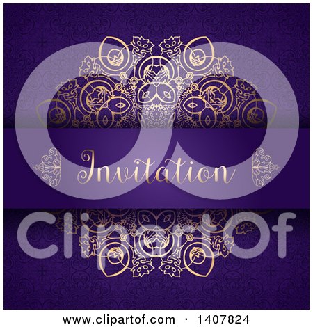 Clipart of a Purple and Gold Ornate Invitation Design - Royalty Free Vector Illustration by KJ Pargeter