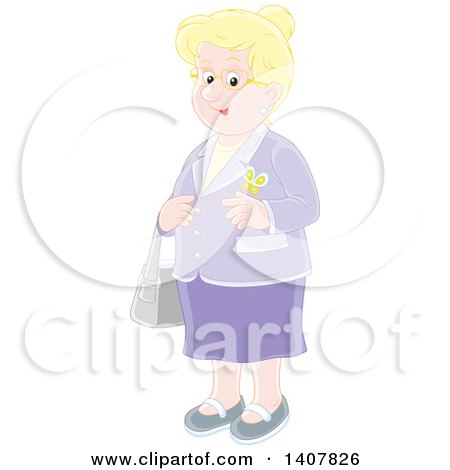 Clipart of a Cartoon Happy Blond White Senior Woman Dressed in Purple - Royalty Free Vector Illustration by Alex Bannykh