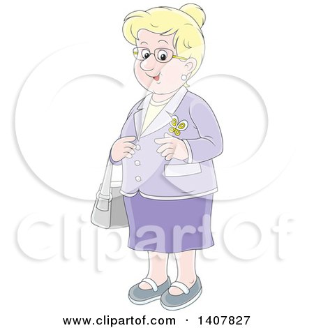 Clipart of a Cartoon Happy Blond Caucasian Senior Woman Dressed in Purple - Royalty Free Vector Illustration by Alex Bannykh