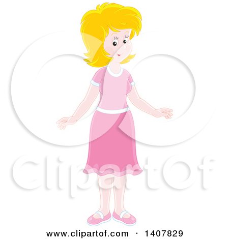 Clipart of a Cartoon Happy Blond White Woman Dressed in Pink - Royalty Free Vector Illustration by Alex Bannykh