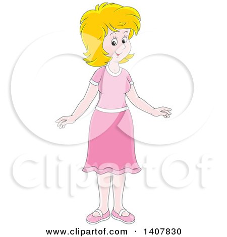 Clipart of a Cartoon Happy Blond Caucasian Woman Dressed in Pink - Royalty Free Vector Illustration by Alex Bannykh