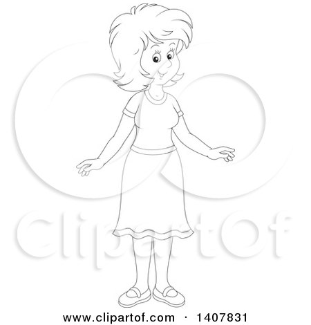 Clipart of a Cartoon Black and White Lineart Happy Woman Wearing a Skirt - Royalty Free Vector Illustration by Alex Bannykh
