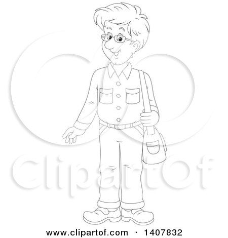 Clipart of a Cartoon Black and White Lineart Man Standing with a Shoulder Bag - Royalty Free Vector Illustration by Alex Bannykh