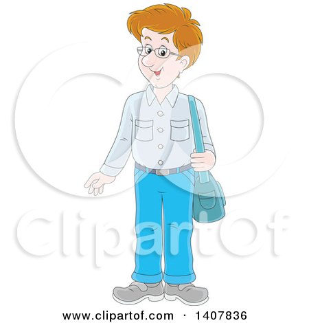 Clipart of a Cartoon Caucasian Man Standing with a Shoulder Bag - Royalty Free Vector Illustration by Alex Bannykh