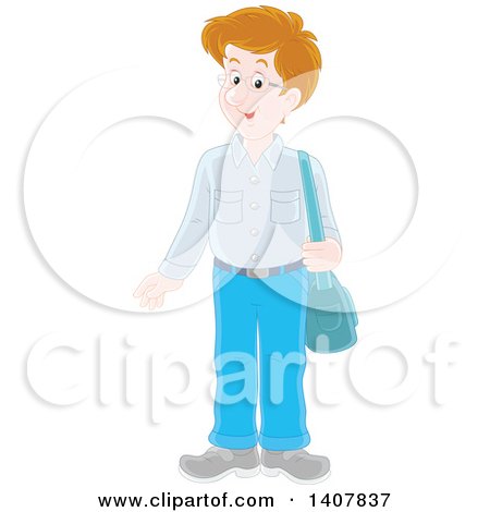 Clipart of a Cartoon White Man Standing with a Shoulder Bag - Royalty Free Vector Illustration by Alex Bannykh