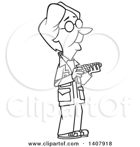 Clipart of a Cartoon Black and White Lineart Woman, Barbara McClintock, Holding Corn - Royalty Free Vector Illustration by toonaday