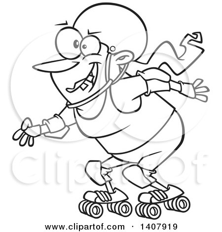 Clipart of a Cartoon Black and White Lineart Roller Derby Woman Skating - Royalty Free Vector Illustration by toonaday