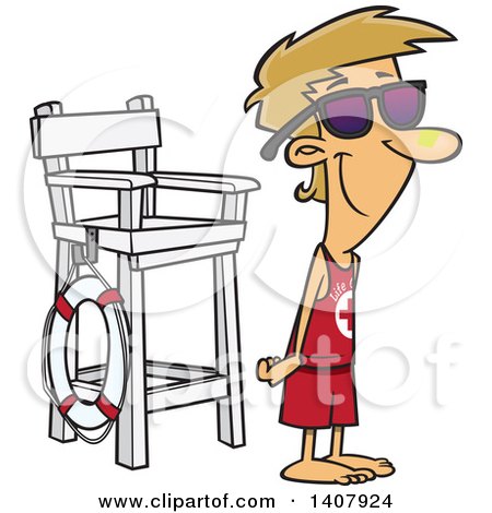 Clipart of a Cartoon Young White Male Lifeguard Wearing Sun Block on His Nose and Standing by a Chair - Royalty Free Vector Illustration by toonaday