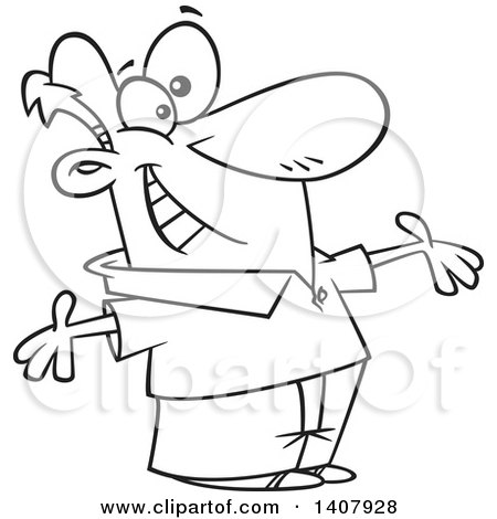 Clipart of a Cartoon Black and White Lineart Man Welcoming with Big Open Arms - Royalty Free Vector Illustration by toonaday