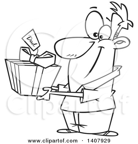 Clipart of a Cartoon Black and White Lineart Man Holding out a Gift for His Dad - Royalty Free Vector Illustration by toonaday