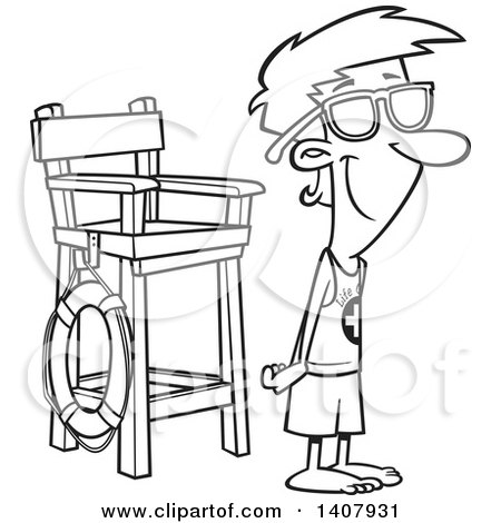 Clipart of a Cartoon Black and White Lineart Young Male Lifeguard Wearing Sun Block on His Nose and Standing by a Chair - Royalty Free Vector Illustration by toonaday