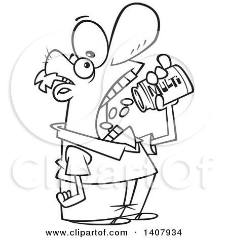 Clipart of a Cartoon Black and White Lineart Man Chugging down Multi Vitamins - Royalty Free Vector Illustration by toonaday