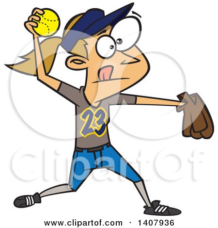 Clipart of a Cartoon Caucasian Girl Throwing a Softball - Royalty Free Vector Illustration by toonaday