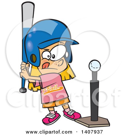 Clipart of a Cartoon Little Caucasian Girl Playing T Ball - Royalty Free Vector Illustration by toonaday