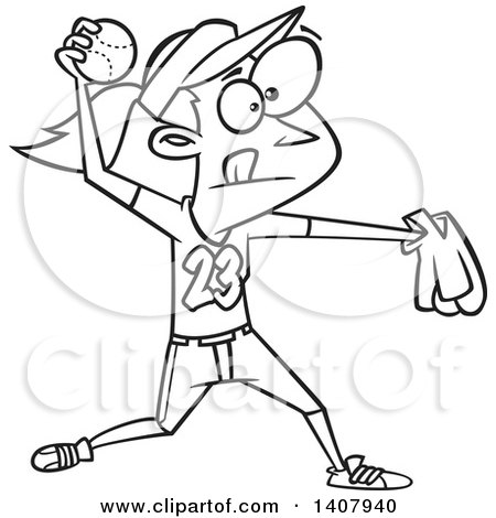 Clipart of a Cartoon Black and White Lineart Girl Throwing a Softball - Royalty Free Vector Illustration by toonaday