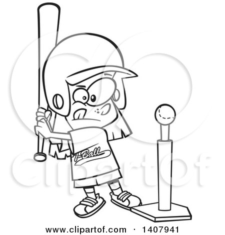 Clipart of a Cartoon Black and White Lineart Little Girl Playing T Ball - Royalty Free Vector Illustration by toonaday