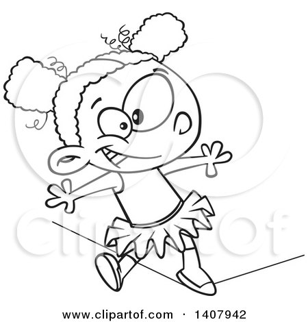 Clipart of a Cartoon Black and White Lineart Black Girl Walking a Circus Tight Rope - Royalty Free Vector Illustration by toonaday