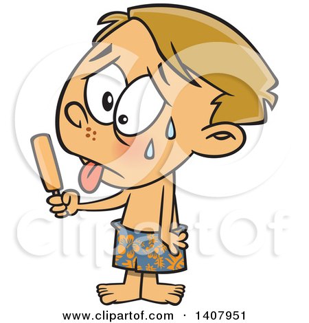 Clipart of a Cartoon Hot Sweaty Boy Eating a Popsicle - Royalty Free Vector Illustration by toonaday
