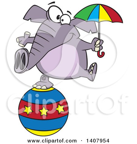 Clipart of a Cartoon Circus Elephant Holding an Umbrella and Balancing on a Ball - Royalty Free Vector Illustration by toonaday