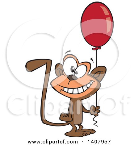 Clipart of a Cartoon Happy Birthday Monkey Holding a Party Balloon - Royalty Free Vector Illustration by toonaday