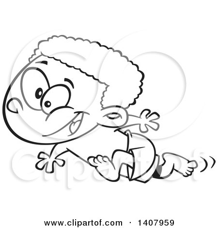 Clipart of a Cartoon Black and White Lineart African Boy Running on a Beach - Royalty Free Vector Illustration by toonaday