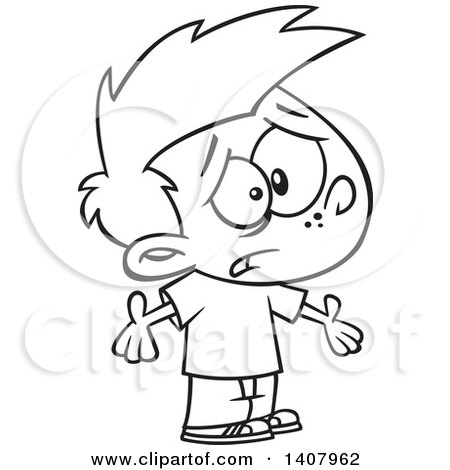 Clipart of a Cartoon Black and White Lineart Whining Boy Shrugging and Asking Why - Royalty Free Vector Illustration by toonaday