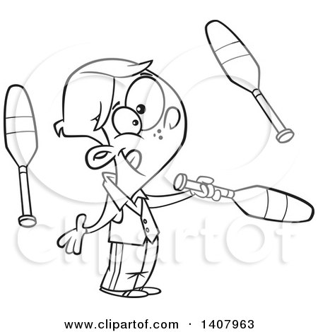 Clipart of a Cartoon Black and White Lineart Male Circus Performer Juggling - Royalty Free Vector Illustration by toonaday
