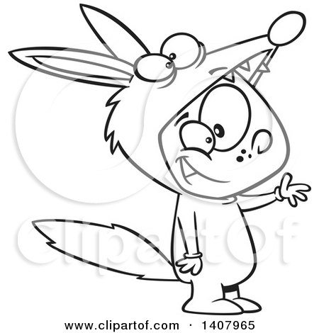 Clipart of a Cartoon Black and White Lineart Happy Boy in a Fox Costume - Royalty Free Vector Illustration by toonaday