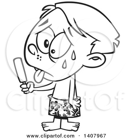 Clipart of a Cartoon Black and White Lineart Hot Sweaty Boy Eating a Popsicle - Royalty Free Vector Illustration by toonaday
