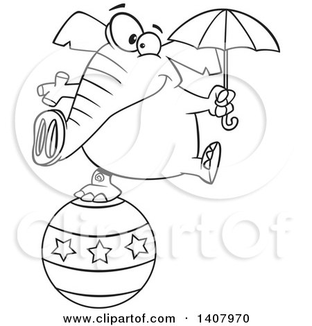 Clipart of a Cartoon Black and White Lineart Circus Elephant Holding an Umbrella and Balancing on a Ball - Royalty Free Vector Illustration by toonaday