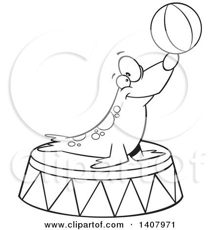 Clipart of a Cartoon Black and White Lineart Circus Seal Balancing a Ball on His Nose - Royalty Free Vector Illustration by toonaday