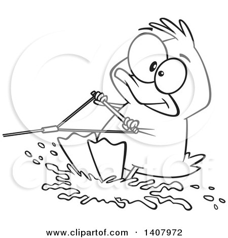 Clipart of a Cartoon Black and White Lineart Duck Water Skiing - Royalty Free Vector Illustration by toonaday