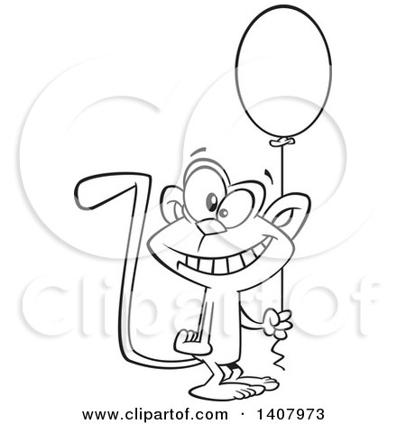 Clipart of a Cartoon Black and White Lineart Happy Birthday Monkey Holding a Party Balloon - Royalty Free Vector Illustration by toonaday