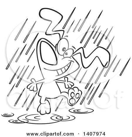 Clipart of a Cartoon Black and White Lineart Happy Dog Dancing in the Rain - Royalty Free Vector Illustration by toonaday